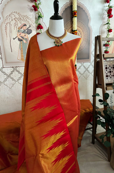 Borderless Metallic Red Kanchipuram/Kanchivaram Pure Silk Saree | Gold Zari | Handwoven | Ships from California